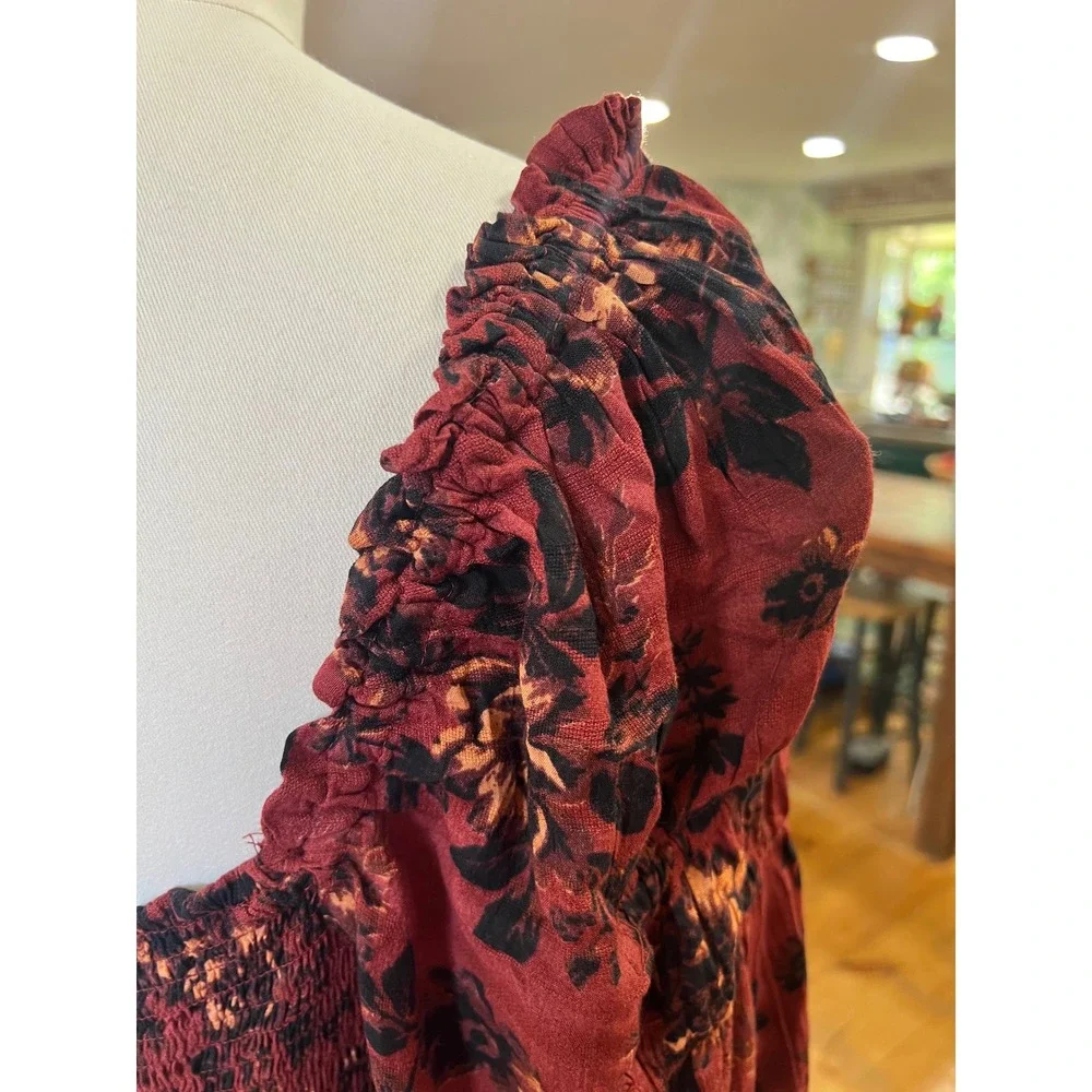 Free People Burgundy Viscose Modal‎ Jaymes Maxi Dress Dark Floral Smocked Small